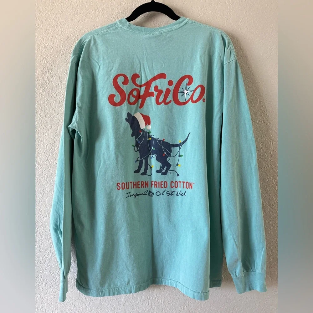 Comfort Colors L Pastel Aqua Long Sleeve Holiday Southern Fried Cotton T-Shirt - Picture 5 of 6